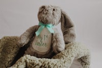 a stuffed bunny is sitting on a green blanket