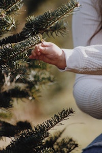 a woman is touching a christmas tree